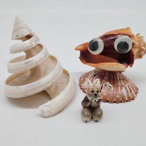 Unique Shell Figurine Set With Googly Eyes & Spiral Cone Decor Tectus Pyramis